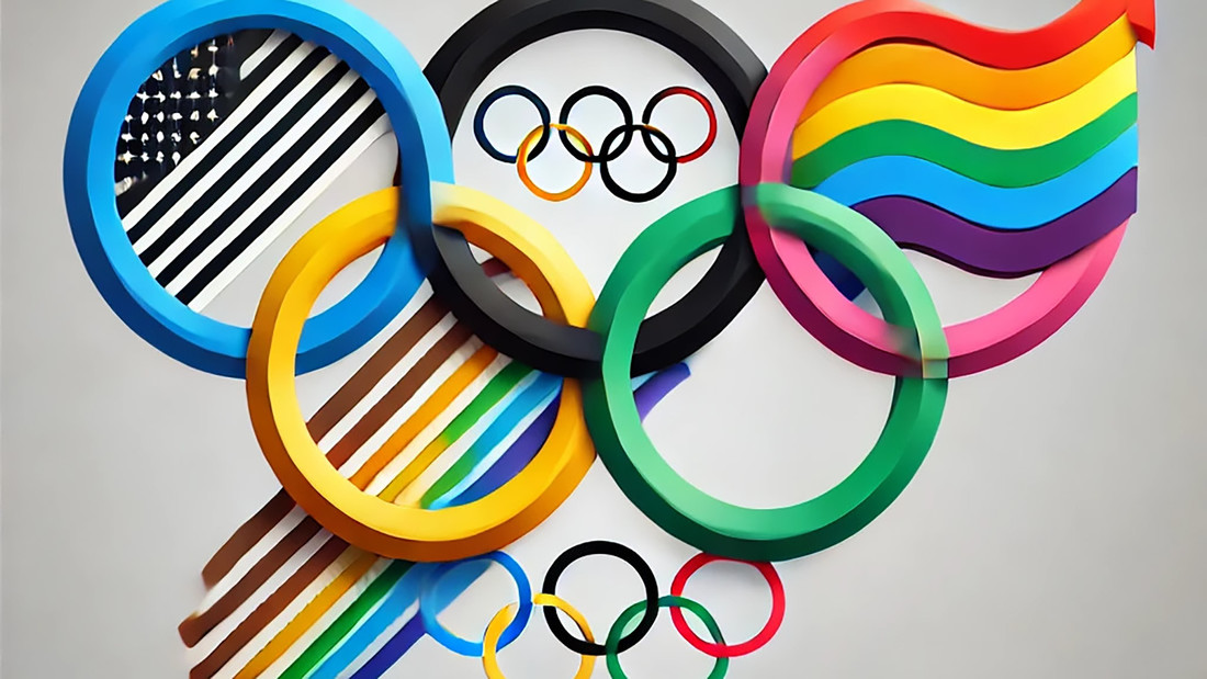 Collage mit Olympischen Ringen und einer Pride Flag.