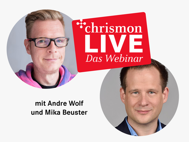 Andre Wolf von Mimikama und Mika Beuster von Deutschen Journalisten-Verbandes im chrismon-Webinar