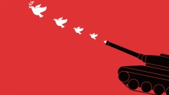 Illustration von Panzer, der Friedenstauben schießt.