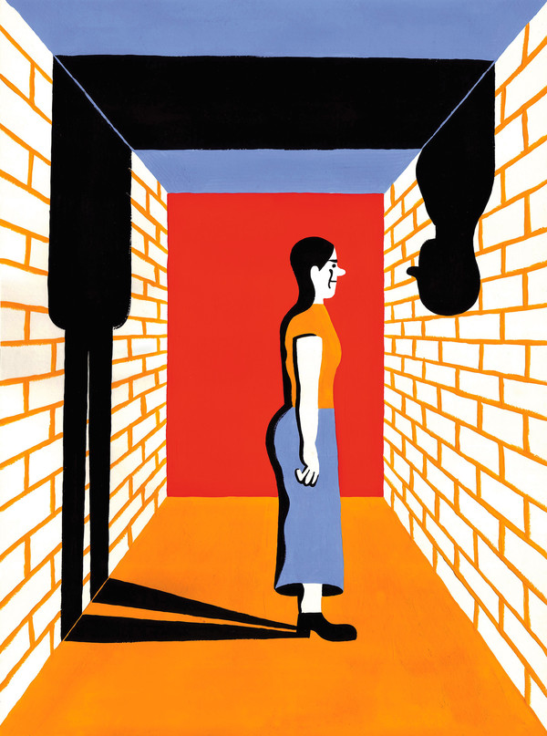 Illustration einer Frau die in einem Kellerflur steht. Über ihr wölbt sich ein dunkler Schatten an den Seiten und der Decke der Wände