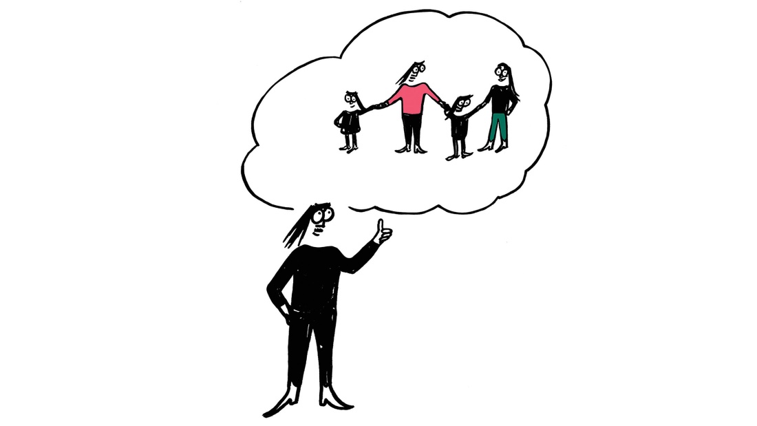 Illustration: Eine Person hat eine Gedankenblase, in der eine Familie abgebildet ist
