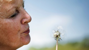ältere Frau pustet eine Pusteblume