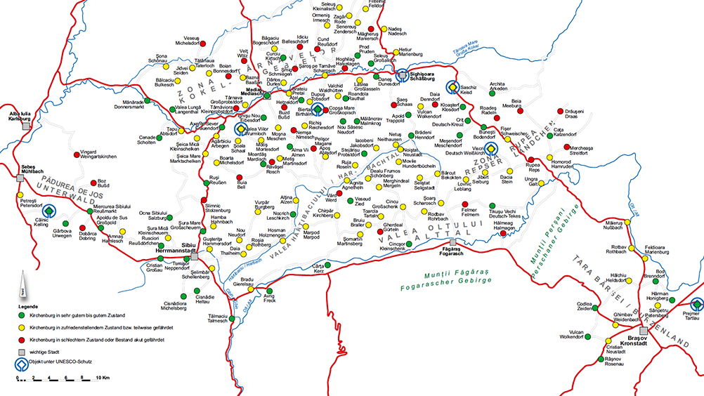 Karte: Baulicher Zustand der Kirchenburgen in Südsiebenbürgen  