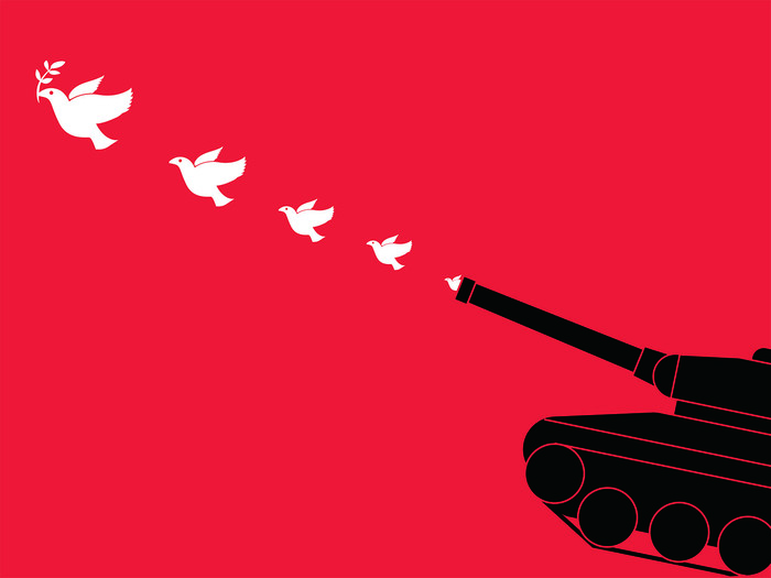 Illustration eines Panzers aus dessen Kanonenrohr weiße Tauben fliegen