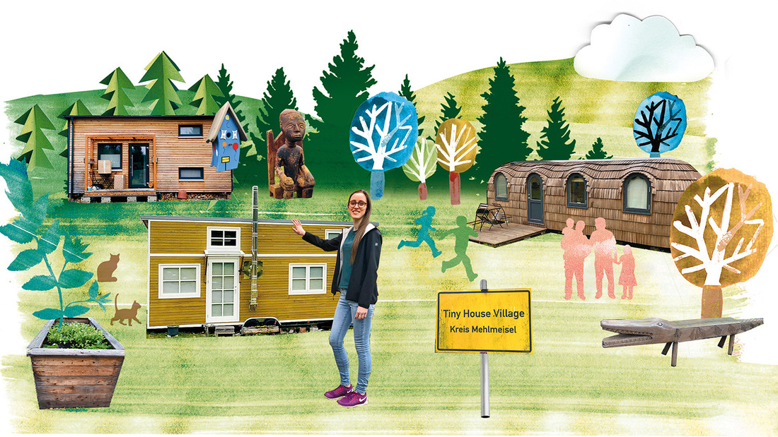 Illustration: Julia Richthammer vor drei Tiny Houses