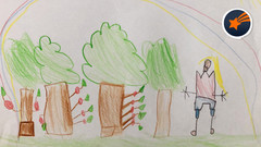 Kinderzeichnung von Kind mit Apfelbäumen und Regenbogen