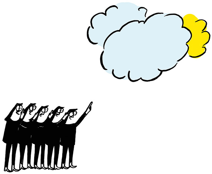 Illustration einiger Figuren, Personen, die mit den Händen auf zwei hellblaue und eine gelbe Wolke deuten