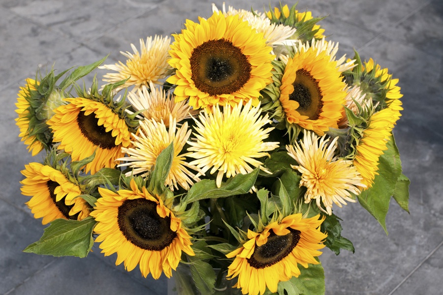 Blumenstrauß mit Sonnenblumen in einer Vase