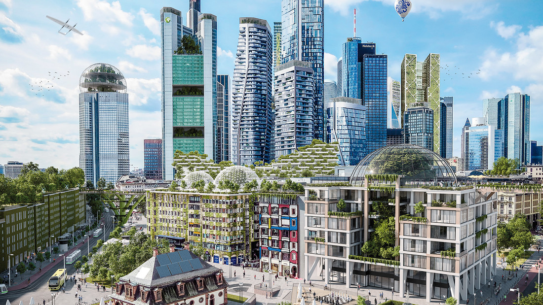 Das Frankfurter Bankenviertel könnte auch so aussehen: Über die begrünten Dächer führt ein Spazierweg, und auf den Spitzen der Hochhäuser thronen Gewächshäuser. Aus dem Buch "Zukunftsbilder 2045" (Oekom)