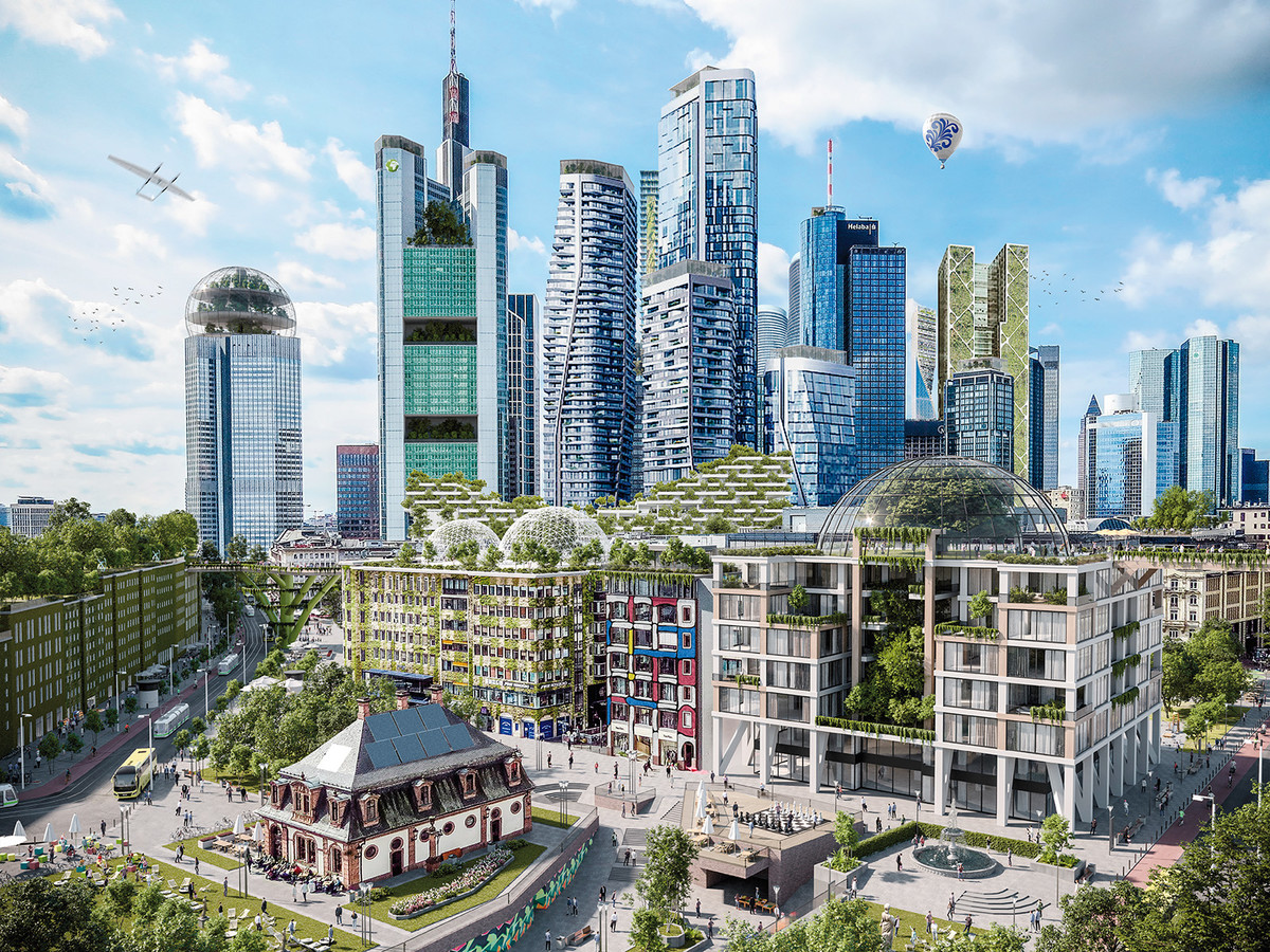 Das Frankfurter Bankenviertel könnte auch so aussehen: Über die begrünten Dächer führt ein Spazierweg, und auf den Spitzen der Hochhäuser thronen Gewächshäuser. Aus dem Buch "Zukunftsbilder 2045" (Oekom)