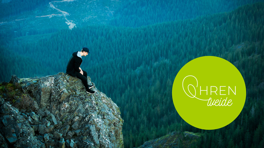 Mann in luftiger Höhe sitzt auf einem Felsen mit viel Wald im Hintergrund