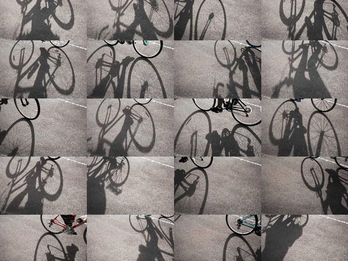 Foto mit mehreren Kacheln, die FahrradfahrerInnen und deren Schatten zeigen 
