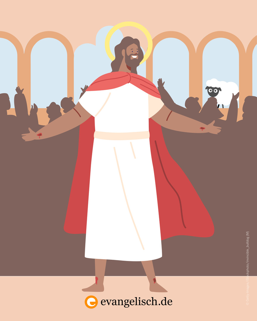 Illustration von Schaf und auferstandenem Jesus.