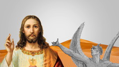 Illustration von Jesus Figur und Teufel in der Wüste