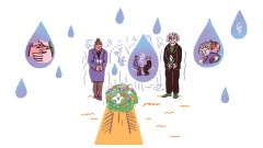 Illustration: Menschen stehen vor einem Sarg, es regnet Tränen um sie herum