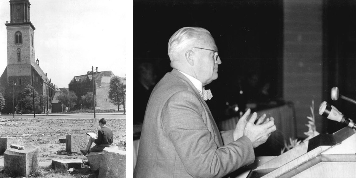 Die Evangelische Marienkirche (links) und das so genannte Propst-Grüber-Haus (rechts) in Berlin und daneben ein Portraitfoto von Heinrich Grüber bei seinen Ausführungen beim Parteitag der CDU in Weimar am 23.9.1954