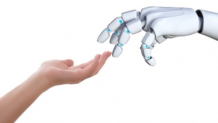 Ein Mensch und ein Roboterarm geben sich die Hand
