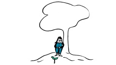 Illustration: Eine Person sitzt mit angezogenen Knien vor einem Baum. Vor ihr keimt eine Pflanze