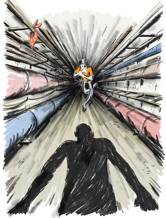 Junger Mann rennt in dunklem Tunnel vor schwarzem Schatten eines Mannes