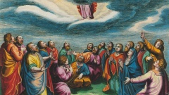 Christi Himmelfahrt, kolorierter Kupferstich um 1625/27,