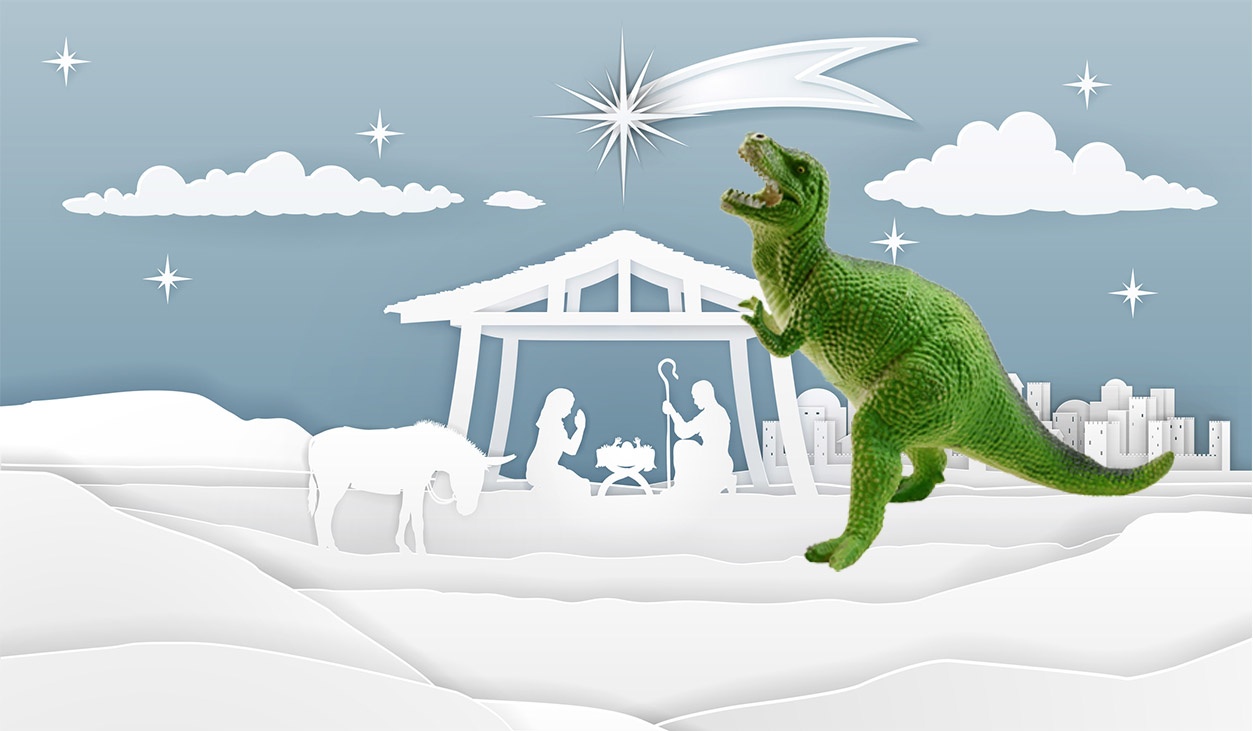 Dinosaurier vor Weihnachtskrippenszene