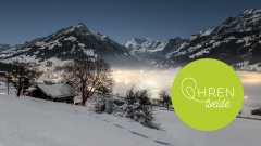 Vom Schnee überdecktes Dorf mit beleuchteten Fenstern bei Dunkelheit