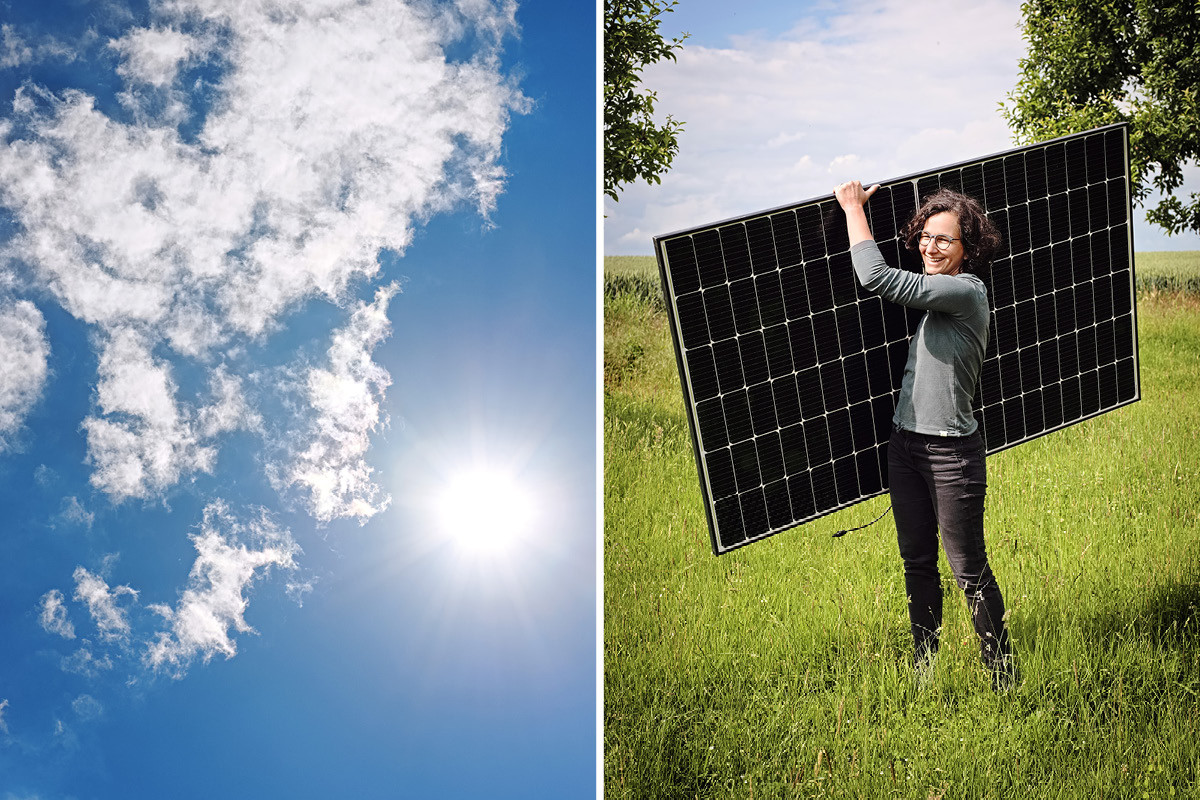 Kristina Wittig steht auf eine Wiese und hält ein Solarpanel in den Händen 