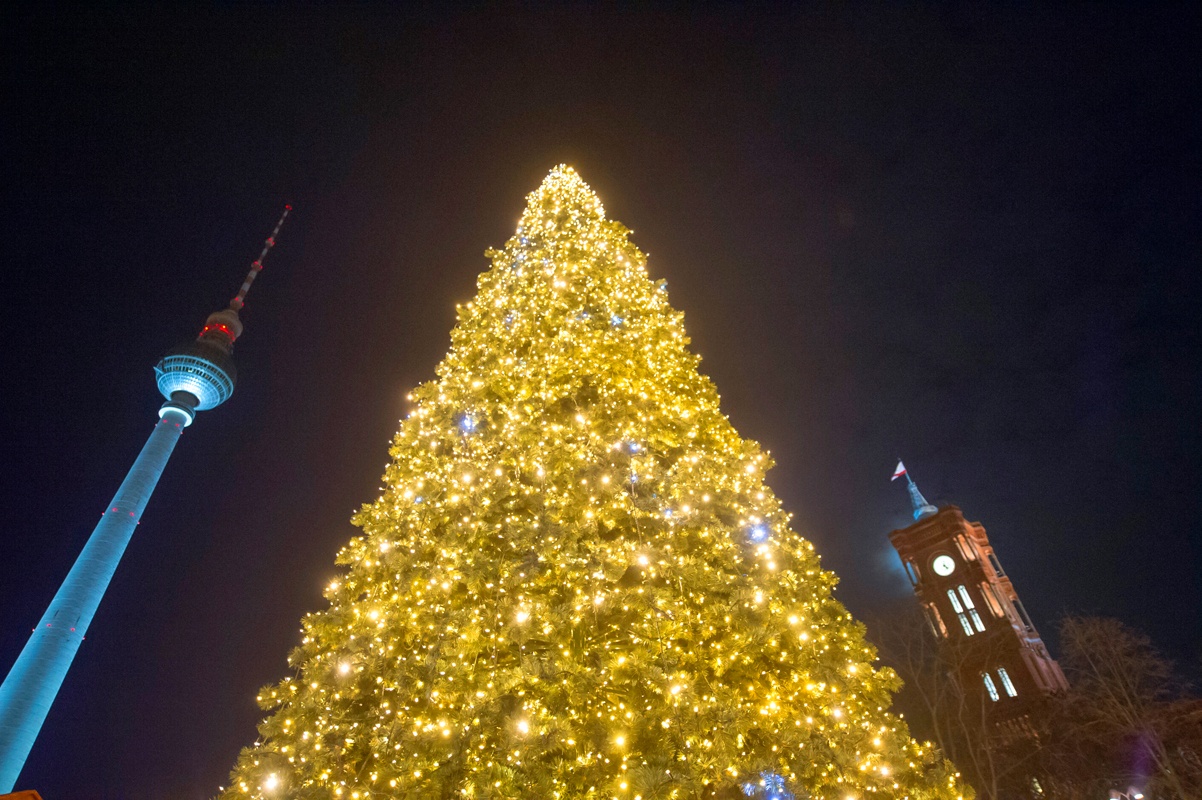 Beleuchteter Weihnachtsbaum auf dem Weihnachtsmarkt am Roten Rathaus, Berlin