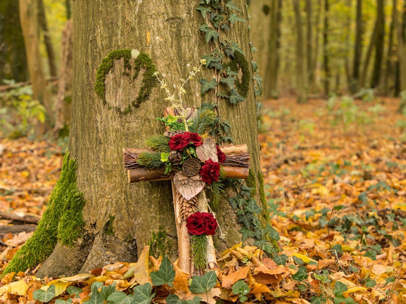 Mit Rosen geschmücktes Holzkreuz an einen Baum gelehnt