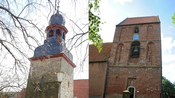 Wehrturm der mittelalterlichen Ortsbefestigung in Gau-Weinheim und Kirchturm von Suurhusen in Ostfriesland