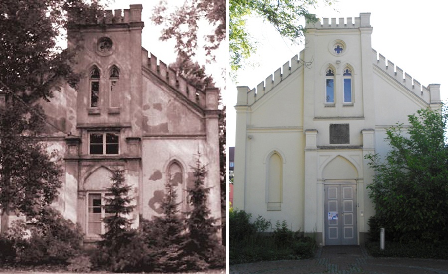 Alte Aufnahme der Baptisten-kapelle (links) und das Gebäude nach der Sanierung heute (rechts)