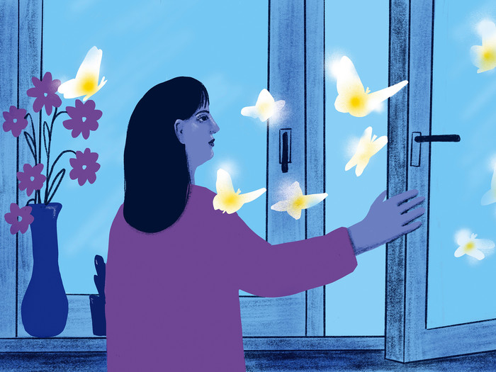 Illustration zeigt ein Frau die ein Fenster öffnet. Viele weiß-gelbe Schmetterlinge fliegen nach draußen