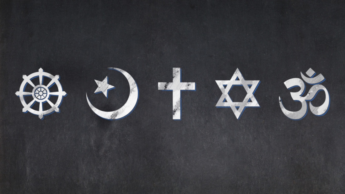 Tafel mit Symbolen der fünf Weltreligionen