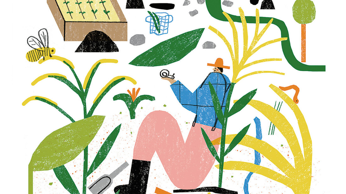 Bunte Illustration eines Schrebergartens mit Pflanzen, Gärtner und Bienen