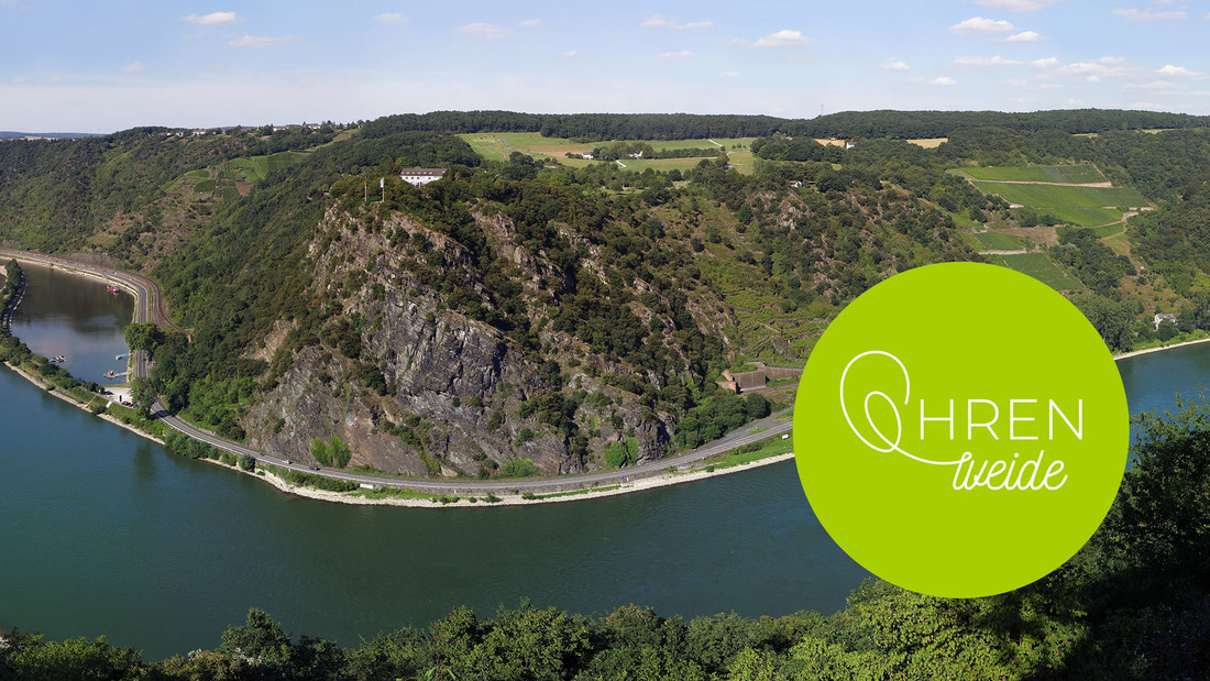 Felsen Loreley am Fluß Rhein, Luftaufnahme