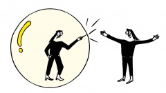 Illustration: eine Person steht in einer Blase und zersticht sie. Außen gestikuliert eine weitere Figur.