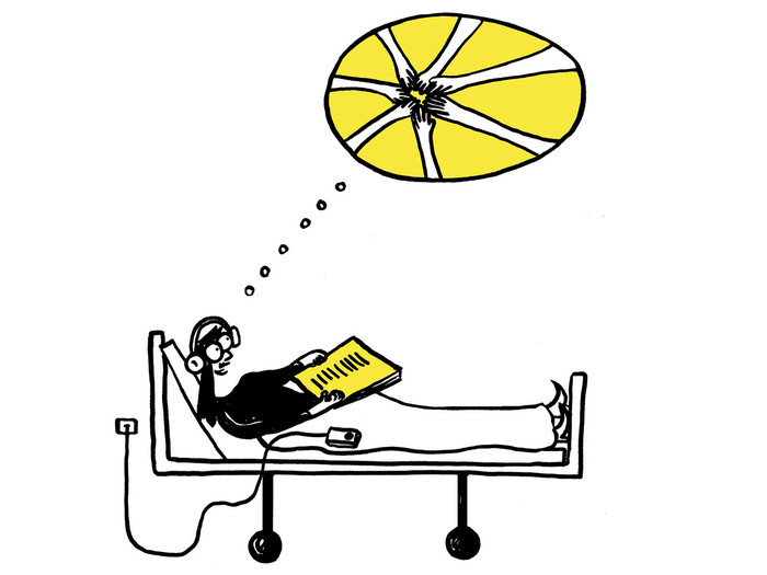 Illustration einer Figur, die in einem Krankenhausbett liegt und Kopfhörer trägt