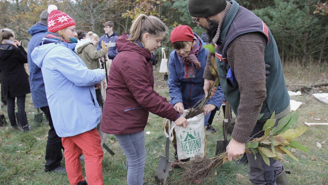 Jugendliche erhalten Baumsetzlinge zum einpflanzen vom Förster