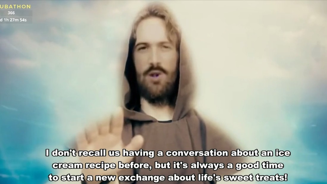 Jesus mit Kapuzenumhang. Der eingeblendete Text: "I don't recall us having a conversation about an ice cream recipe before, but it's always a good time to start a new exchange about life's sweet treats!"