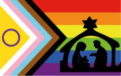 Scherenschnitt einer Krippe vor dem Hintergrund der Intersex-Pride-Flag