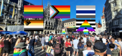 Collage: Pride-Flags über einem Foto des Münchner Marienplatzes während des Gay Pride.
