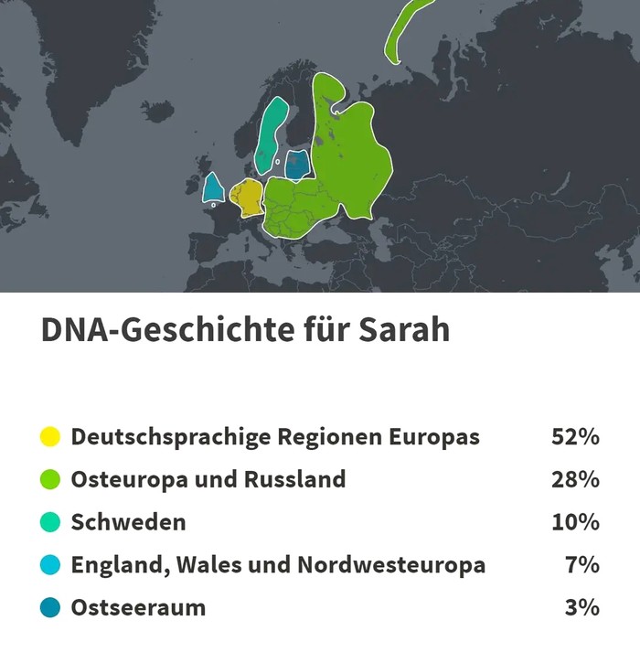 Länderkarte mit farbig markierten DNA-Ergebnissen der Herkunft