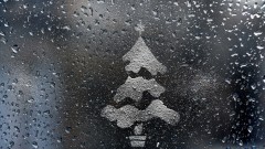 Regentropfen auf einer Fensterscheibe auf die ein Weihnachtsbaum gemalt ist.