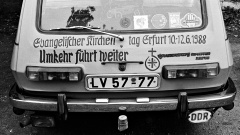 Wartburg mit Schriftzug -Umkehr führt weiter- Motto des Kirchentags in Erfurt, 1988