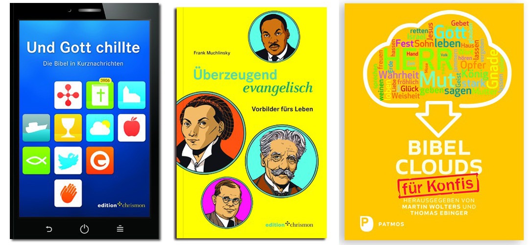Konfibücher im chrismonshop - Die drei Cover der Bücher "Und Gott chillte", "Überzeugend evangelisch" und "Bibelcloud"