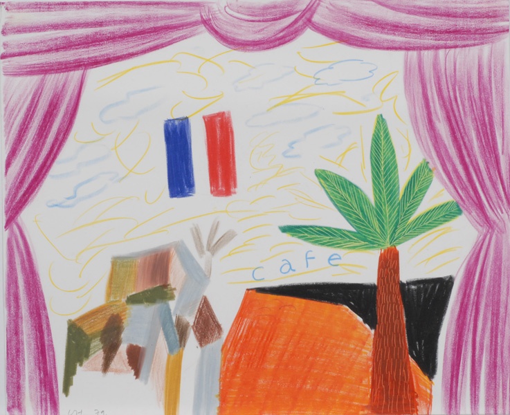 Eine Kinderzeichnung, von einem Café neben einer Palme