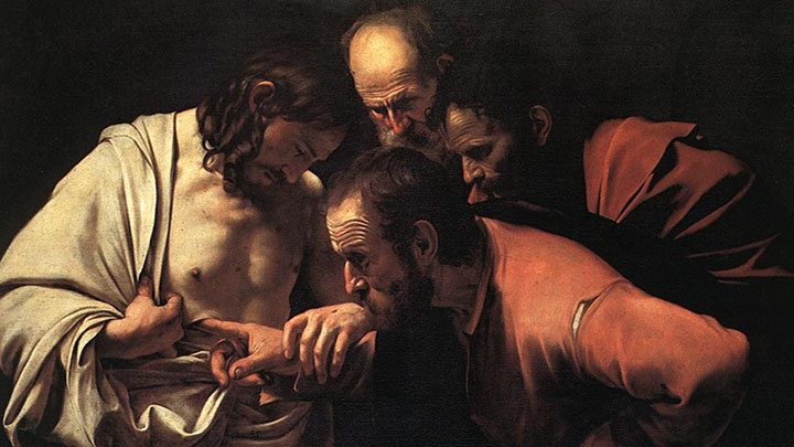 Ausschnitt aus einem Gemälde des Malers Caravaggio, das zeigt, wie der ungläubige Thomas Jesus einen Finger in eine Wunde legt.