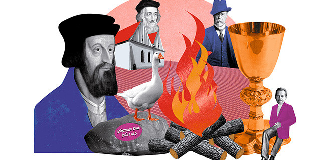 Jan Hus  (1369–1415), John Wyclif, Tomáš Garrigue Masaryk und Václav Havel in einer Illustration