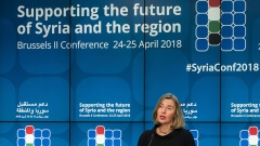 Federica Mogherini bei einer Pressekonferenz im Rahmen der Internationalen Syrien-Konferenz der Europäischen Union und der UN. 