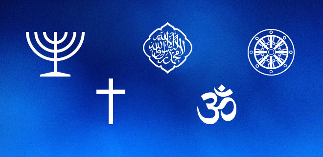 symbole von fünf weltreligionen judentum, christentum, islam, hinuismus, buddhismus